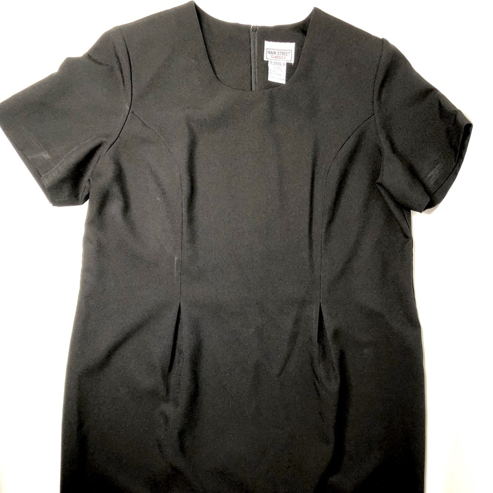 VTG 80s Shift Dress Thick Poly w/ Pleated Detail, Padded, Mod Minimal Black Sz 8